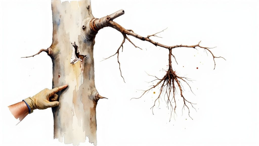Watercolor painting of a gloved hand pointing at a damaged tree trunk with a hole, next to a branch.