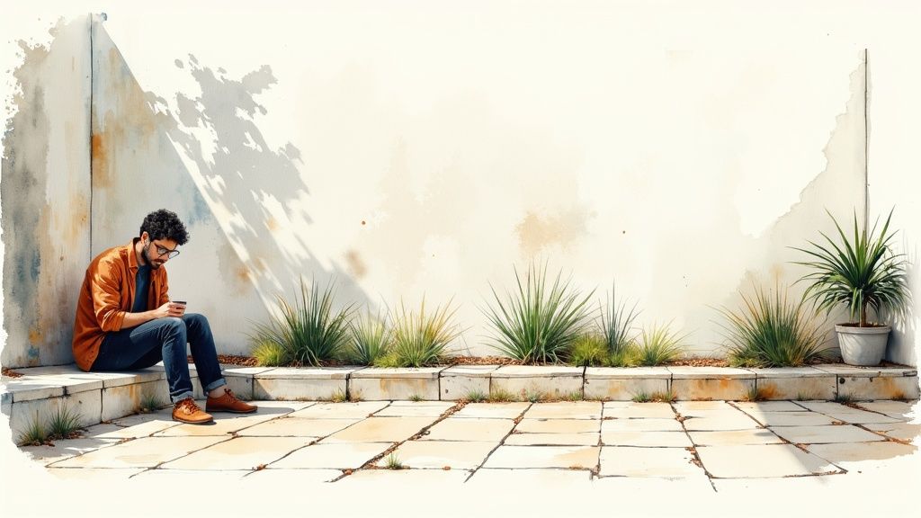 A man with glasses sits on a stone ledge, engrossed in his phone, in a modern courtyard with green plants.