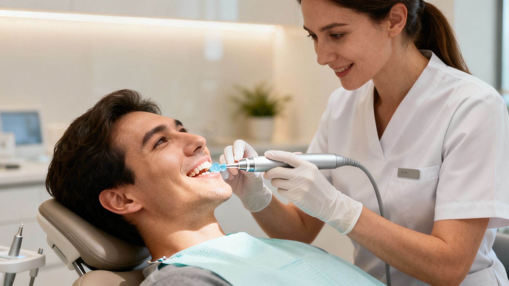 A smiling female dentist in a white uniform and gloves performs a dental cleaning on a happy male patient.
