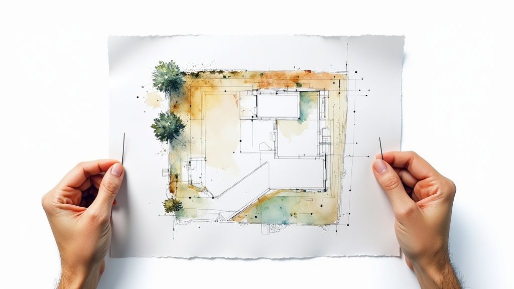 Two hands carefully hold a watercolor architectural site plan featuring a building and landscape design.