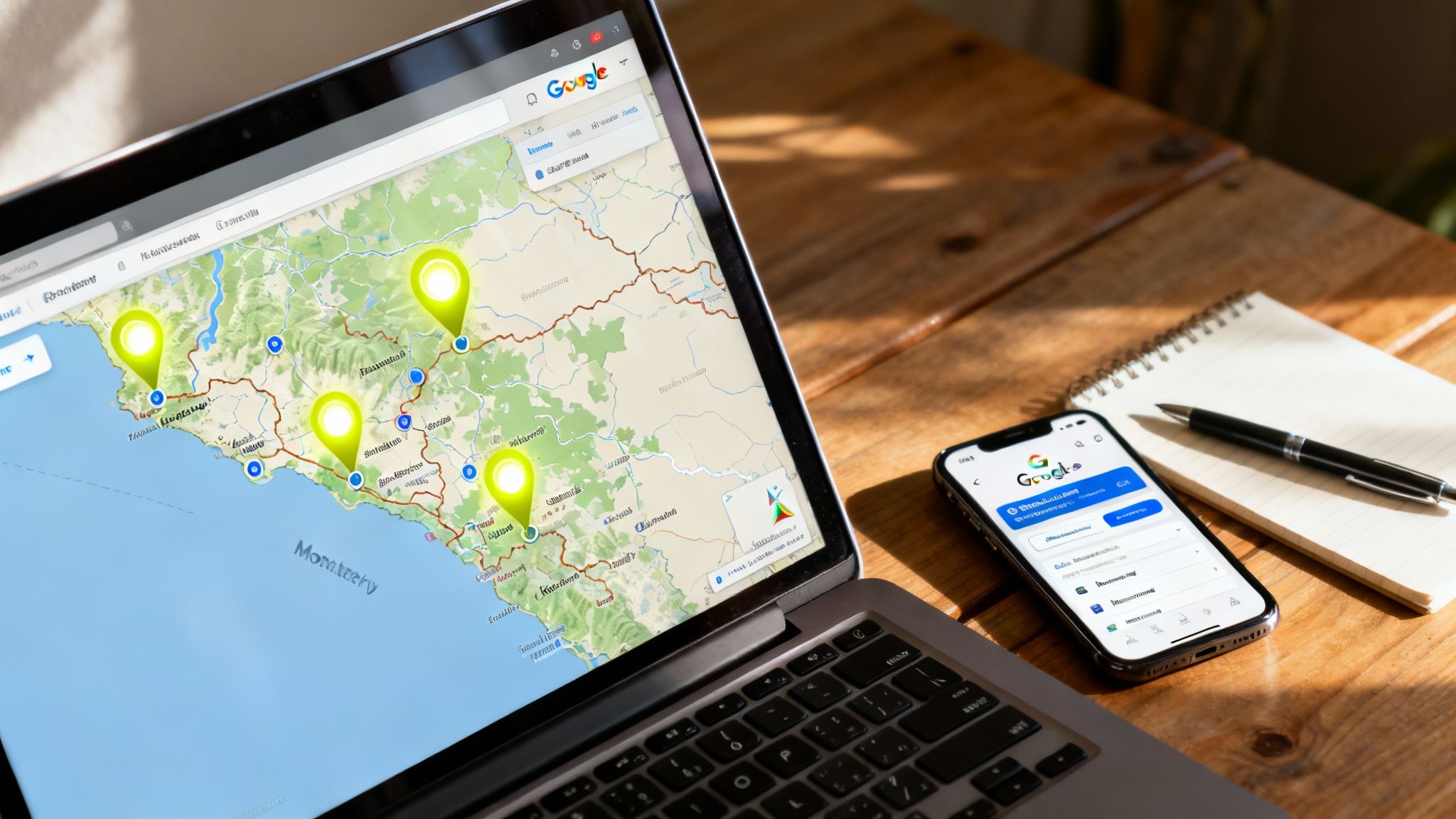 A person working on a laptop with a map of a city in the background, illustrating local SEO work.