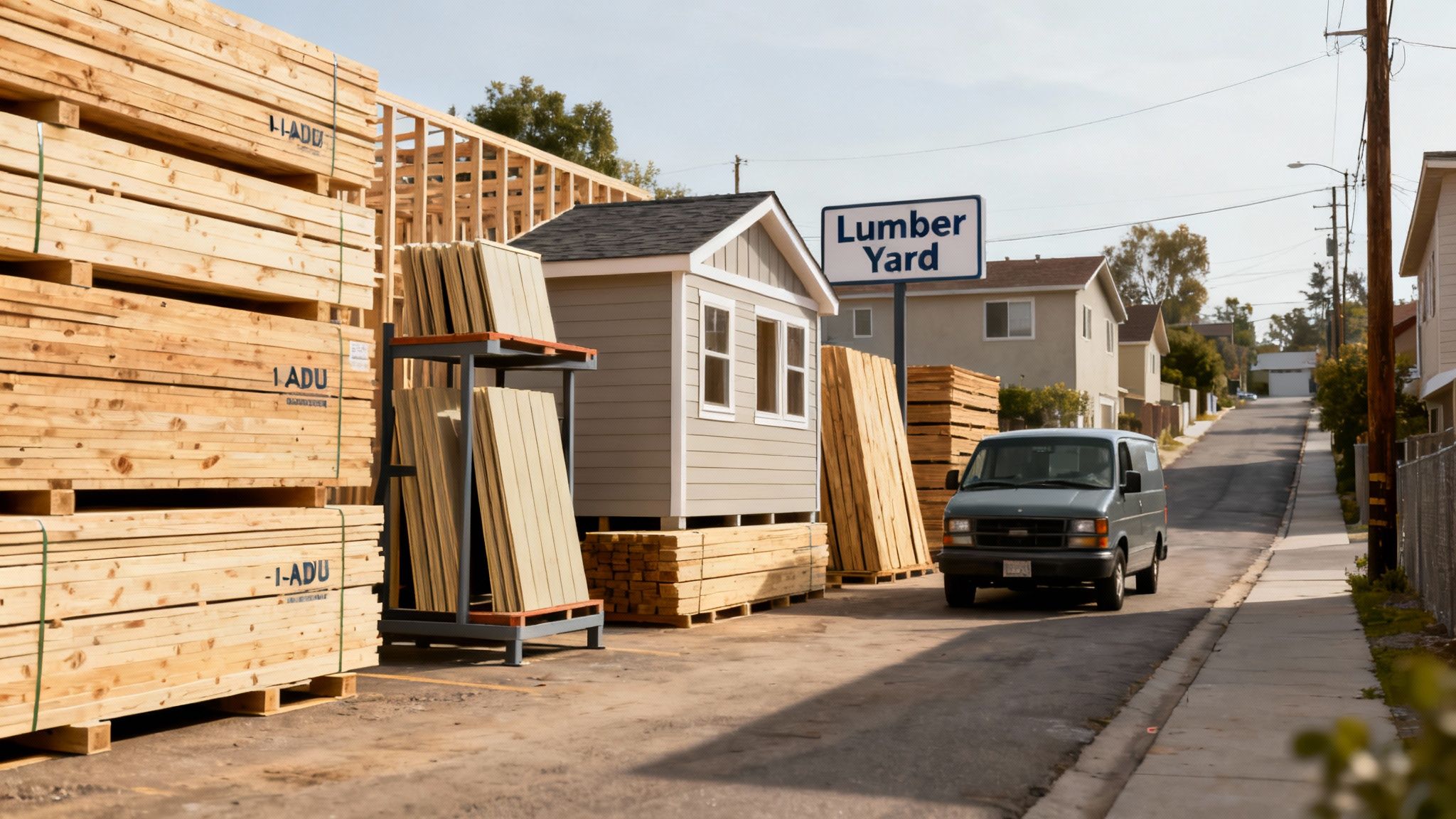 A bustling lumber yard with large stacks of wood, an ADU shed, and a van.
