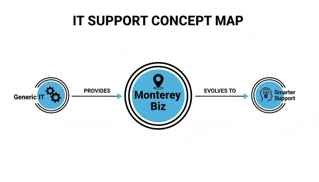 Concept map showing how generic IT support evolves to smarter support for Monterey Bay businesses.