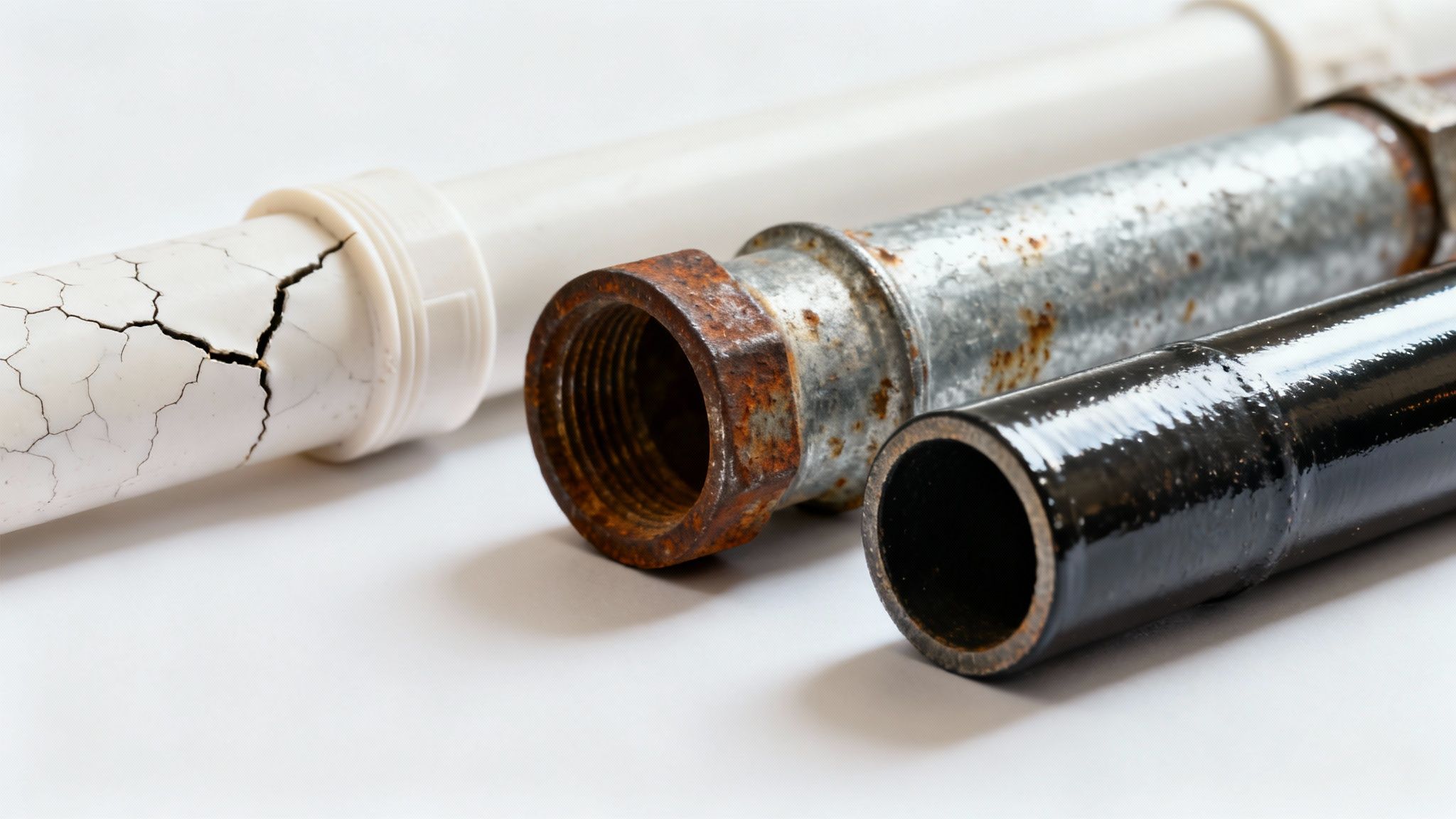 Built to Last: 5 Mistakes to Avoid When Replacing a Water Line in 2026 1 Close-up of three different pipes: a cracked white PVC, a rusty metal, and a black pipe.