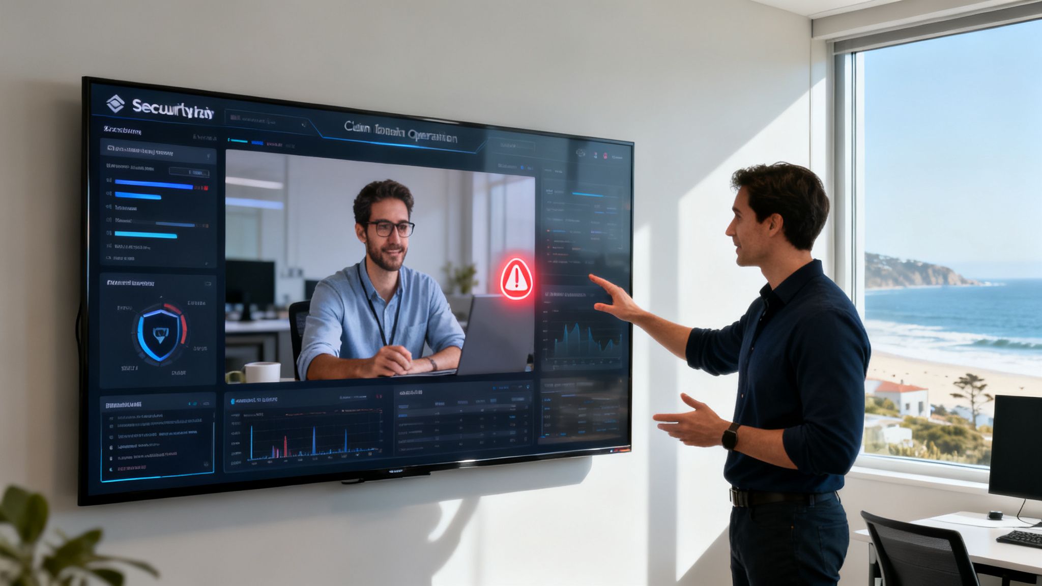 Man presenting a cybersecurity dashboard showing a video call with an alert, in a modern office.