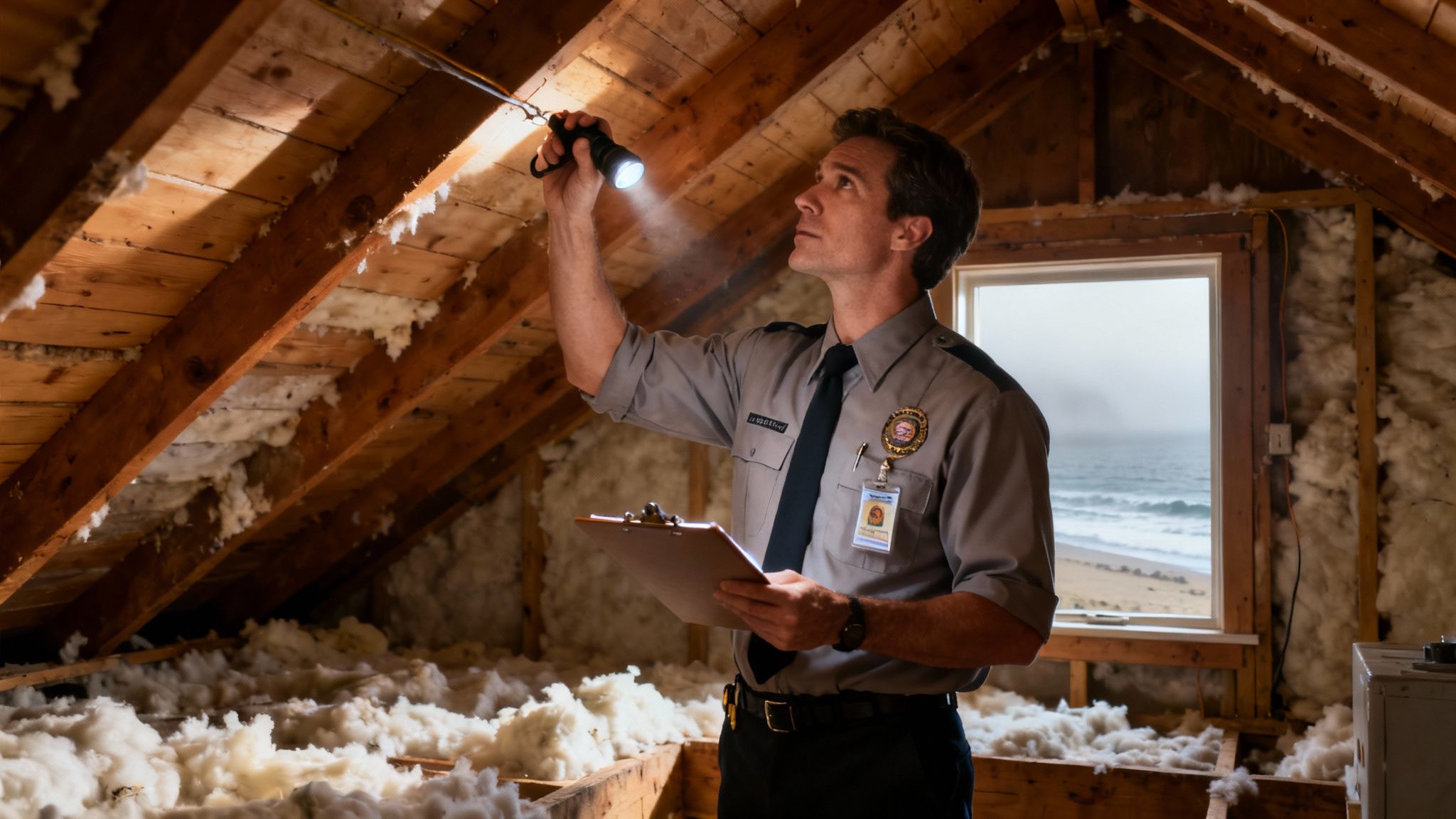 A uniformed inspector in an attic shines a flashlight on wooden beams, holding a clipboard.