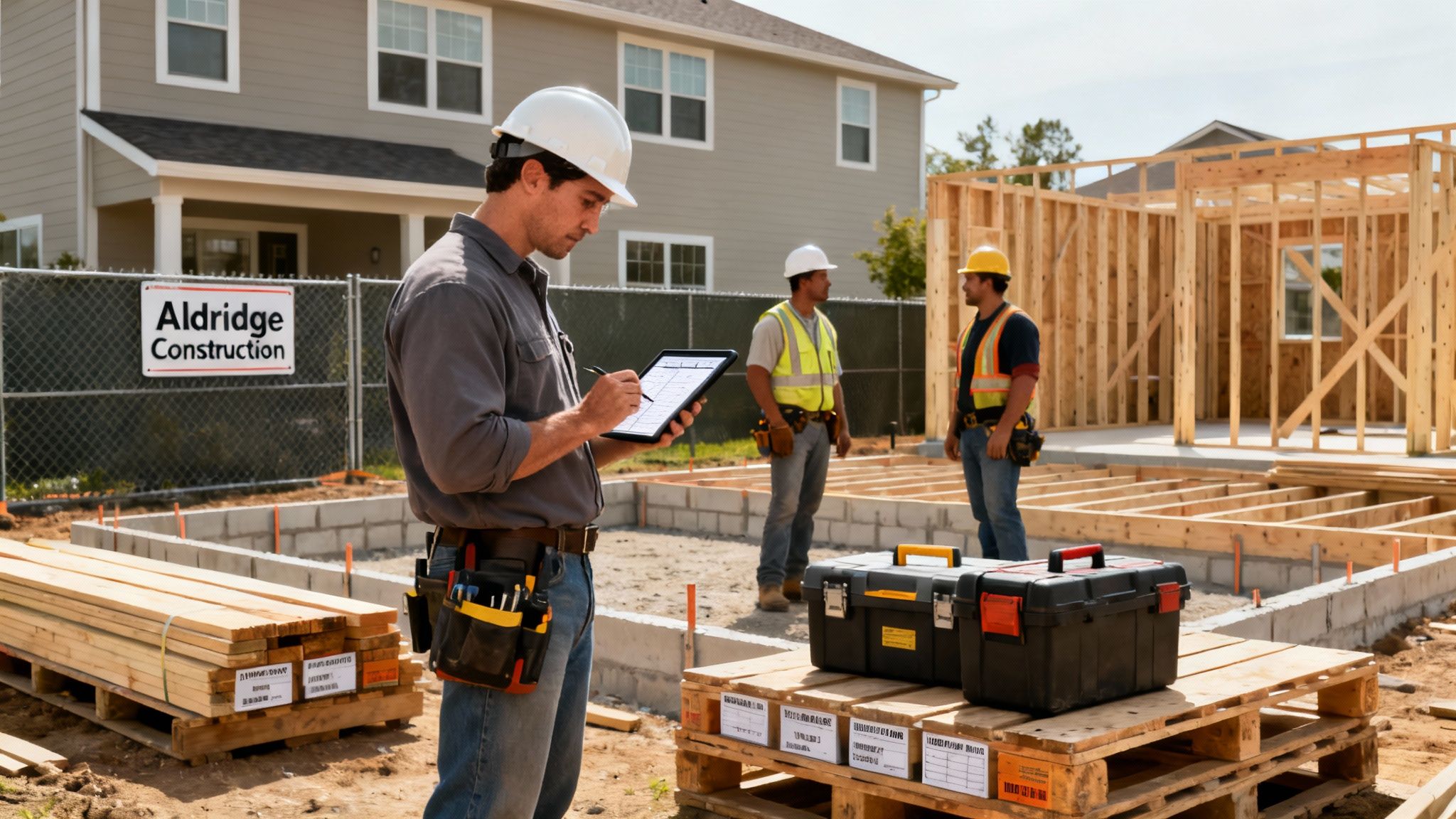 A construction foreman uses a tablet at a building site with workers and a house frame.