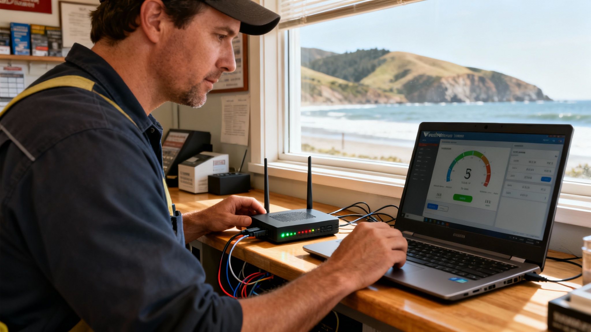 Technician in uniform works on a laptop with a router, monitoring network performance by a scenic ocean window.