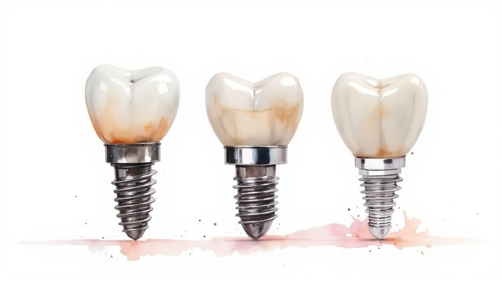 Three realistic dental implants with crowns, featuring a subtle watercolor effect at the base.