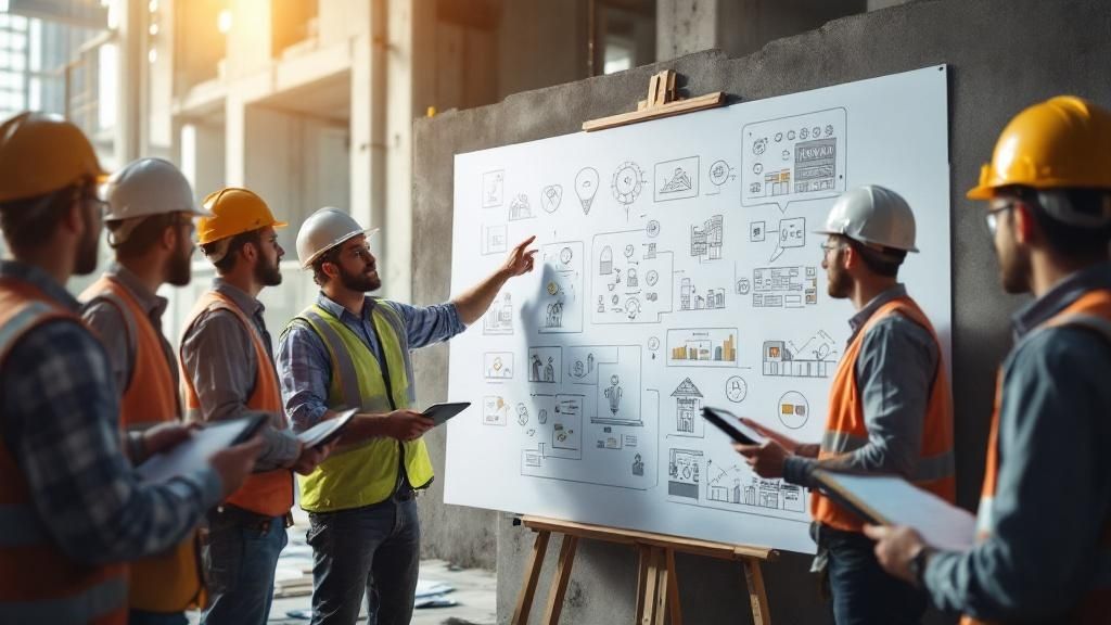 A construction manager and an architect review blueprints on a tablet at a construction site, demonstrating clear communication protocols.