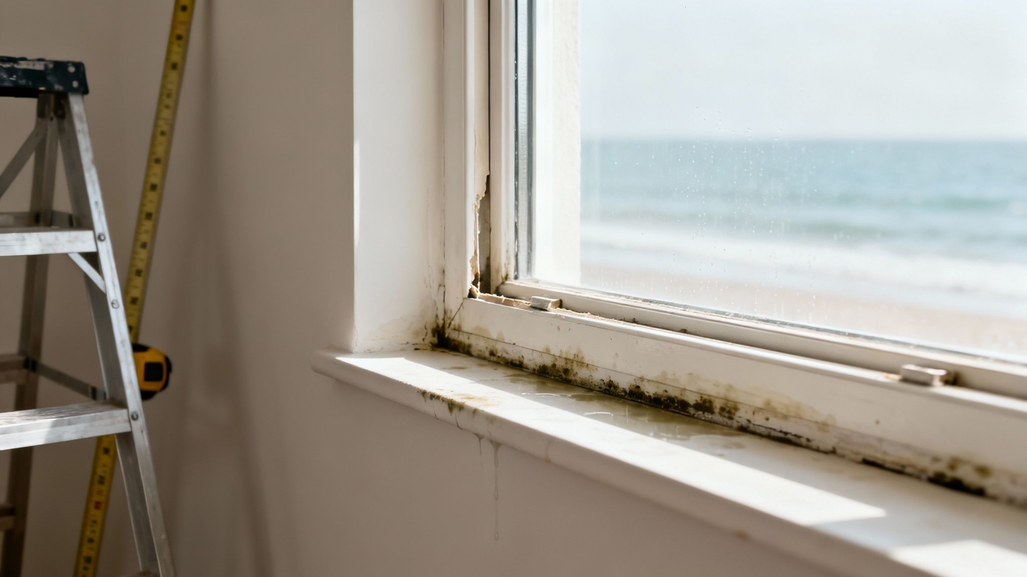 A severely moldy window sill and damaged frame with peeling paint, overlooking a sandy beach and ocean.