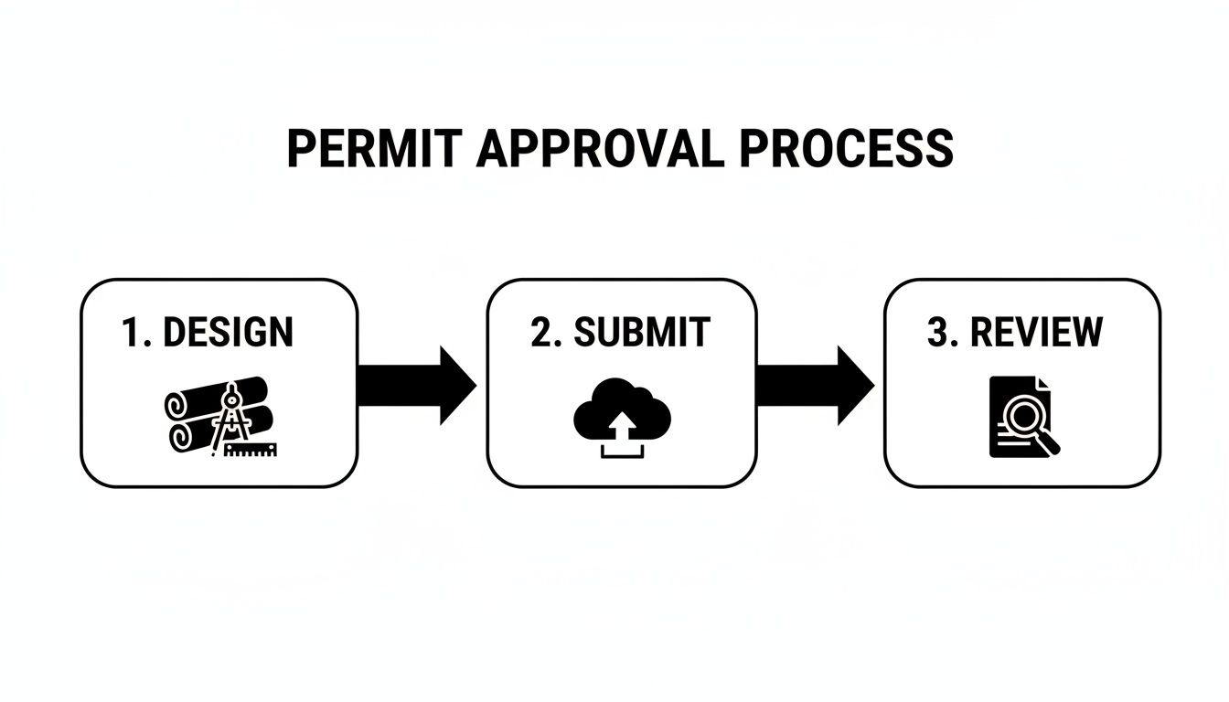 A flowchart illustrates the three steps of the permit approval process: design, submit, and review.