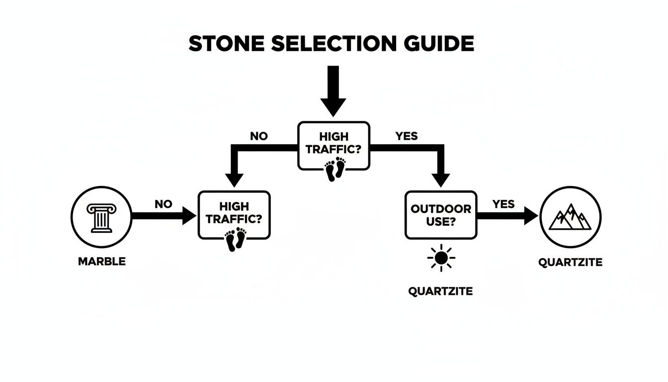 Flowchart diagram guiding stone selection, comparing marble and quartzite based on high traffic and outdoor use.