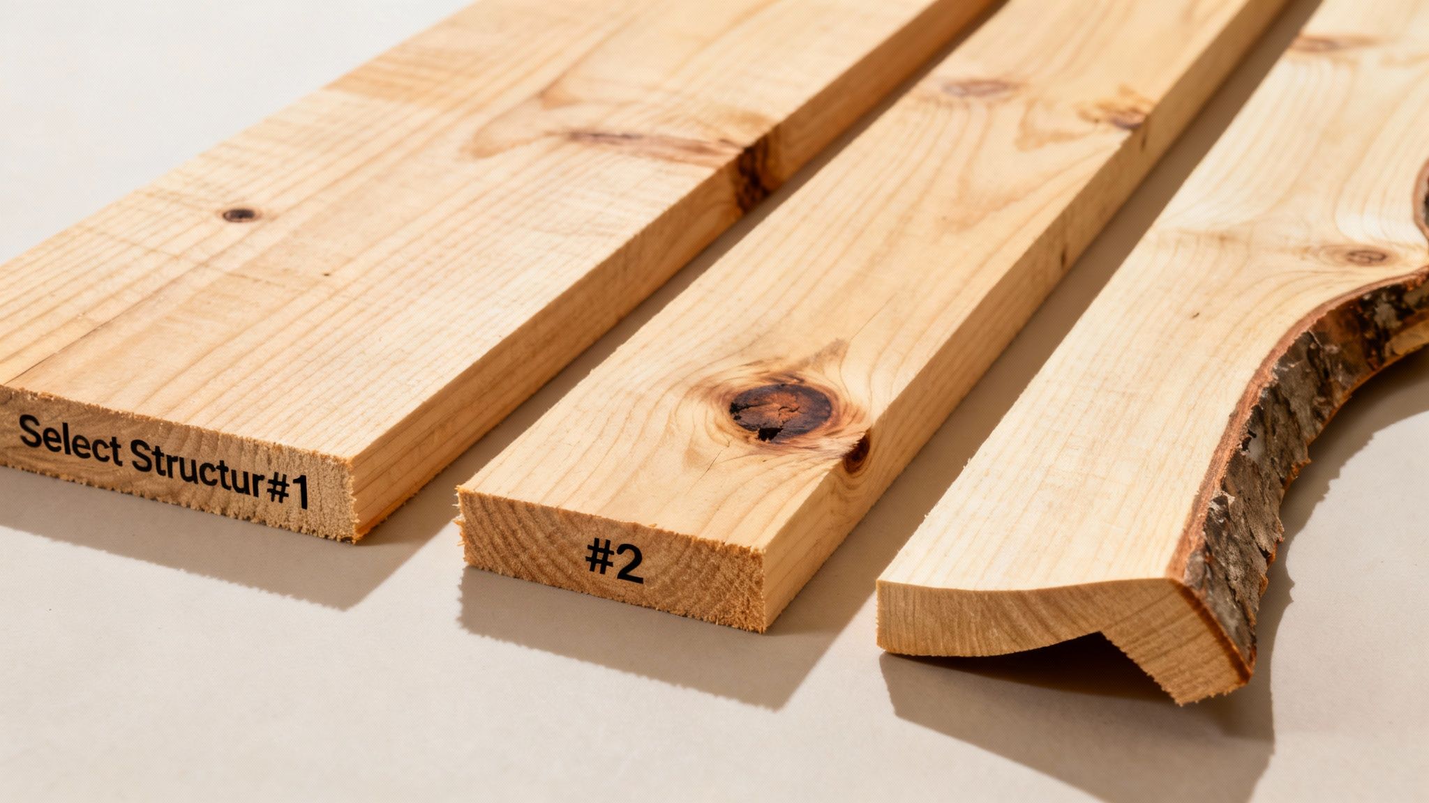 Three distinct pieces of lumber are displayed, including a live edge and two planed boards.