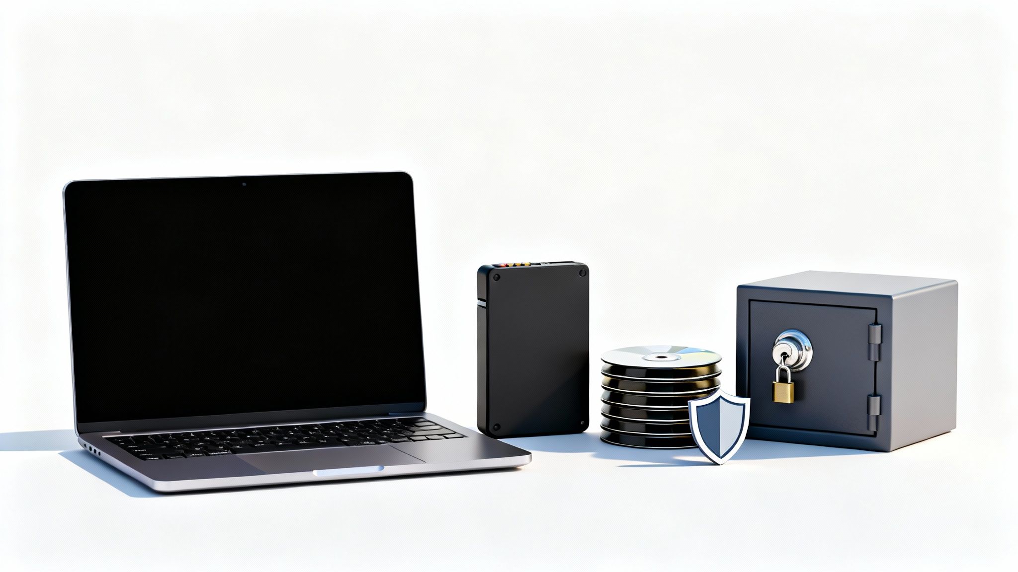 A laptop, external hard drive, CDs, a security shield icon, and a locked safe, symbolizing data backup and protection.
