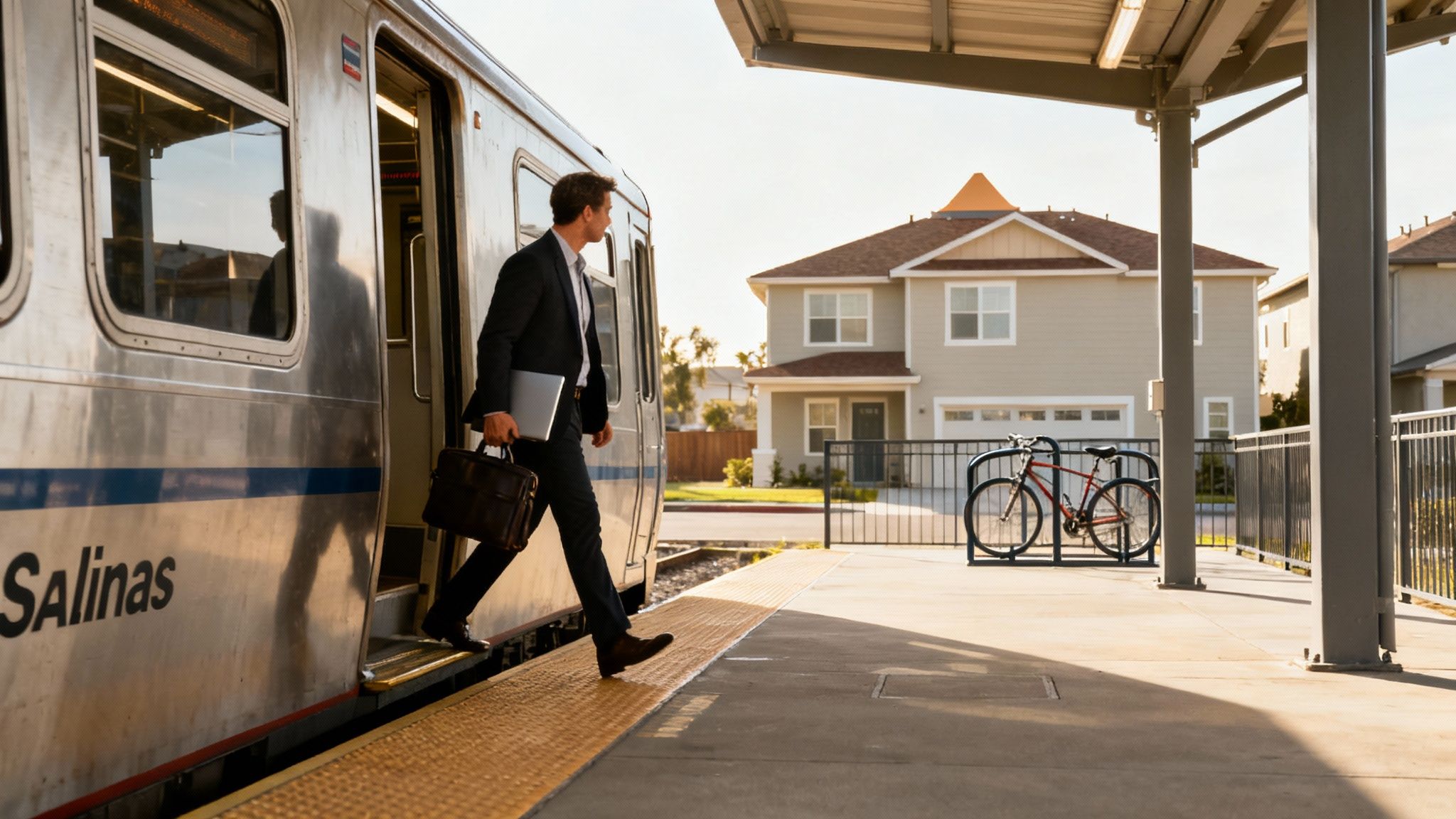 A modern train arriving at a sunny station platform.