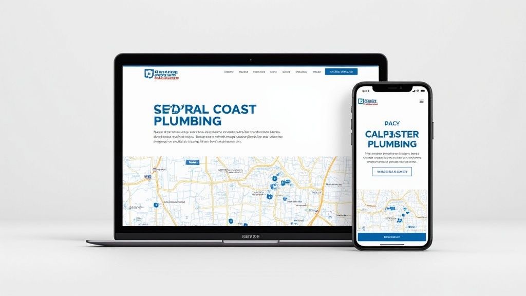 A modern, mobile-friendly website design for a contractor being viewed on a smartphone.
