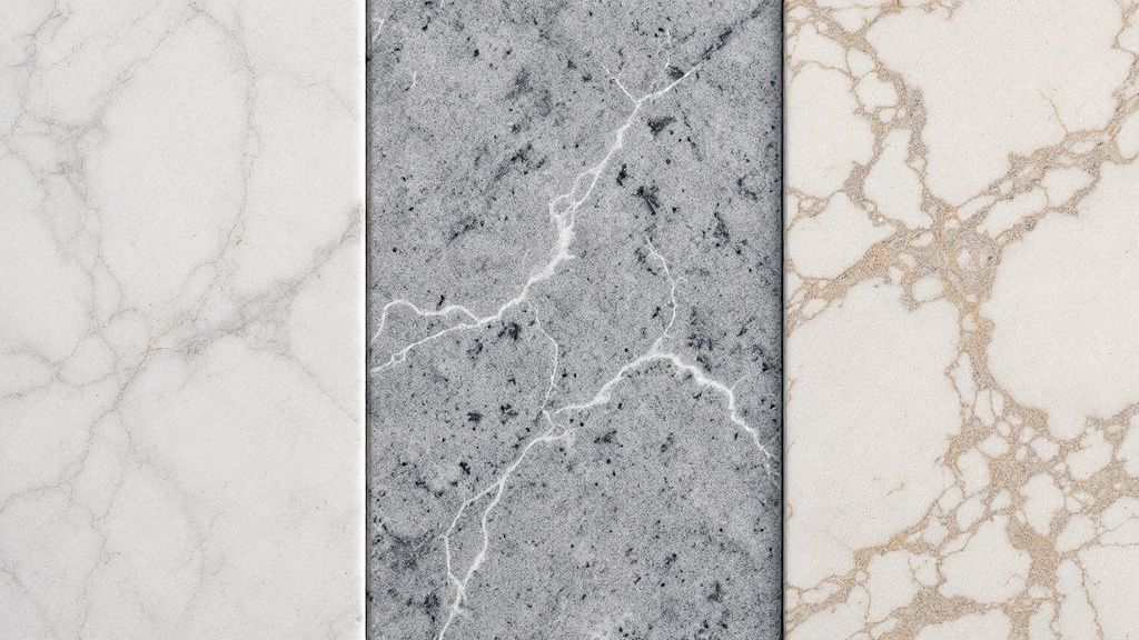 Two people examining a large stone slab in a well-lit showroom.