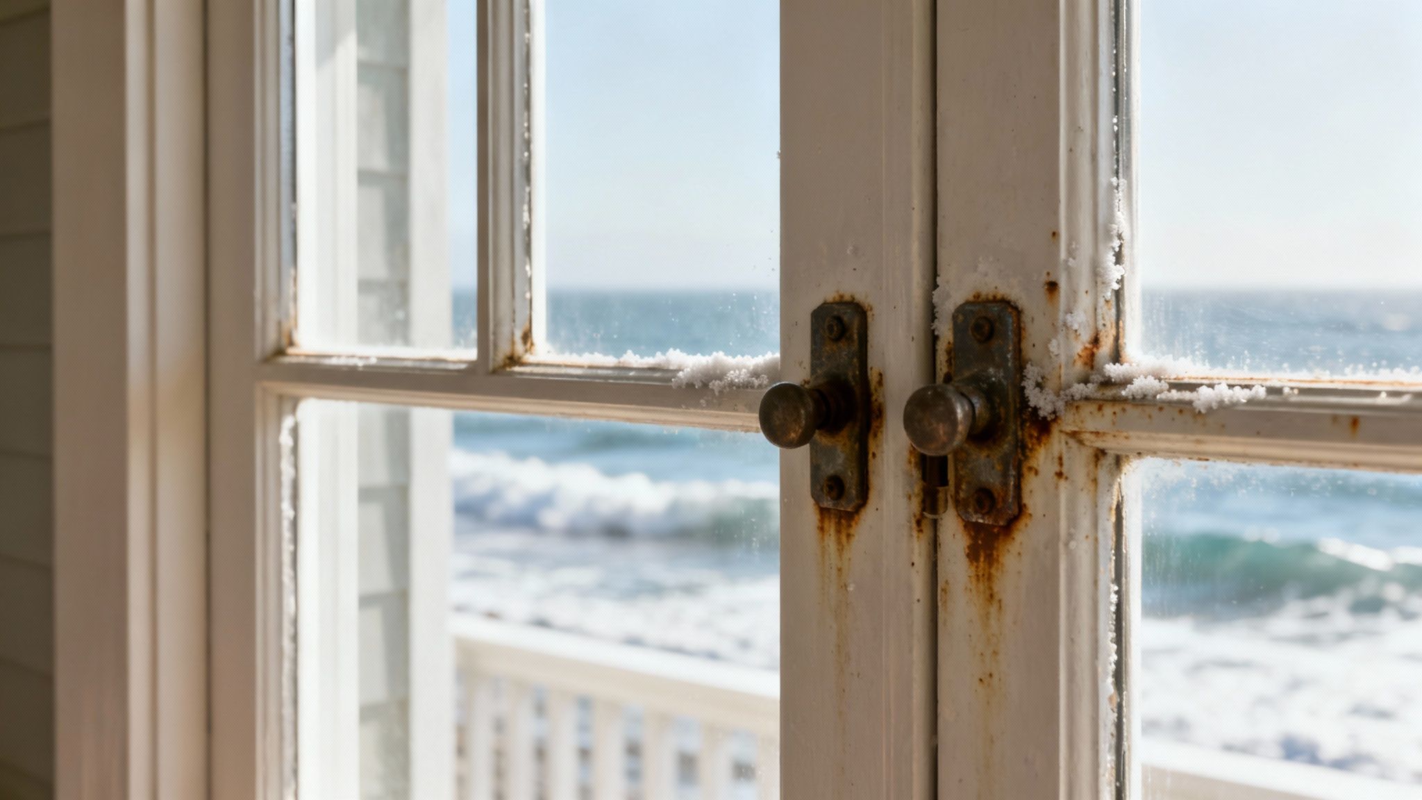 A beautiful coastal home in Monterey, California with clear, modern windows overlooking the ocean, demonstrating the need for salt-resistant materials.