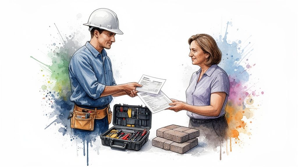 A male construction worker and a female client exchange documents with tools and bricks nearby.