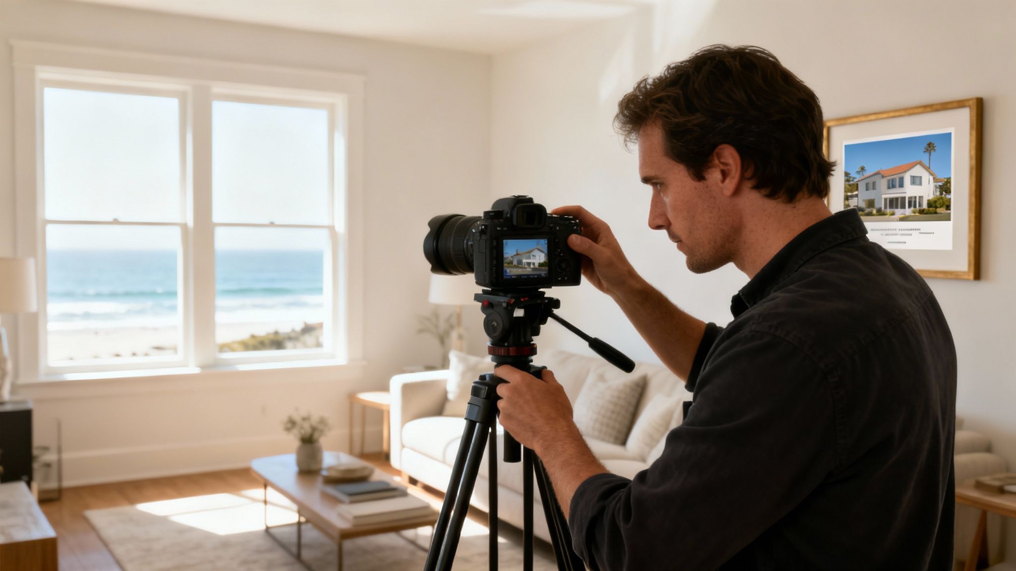 A man photographs a bright room with an ocean view and a framed house picture on the wall.