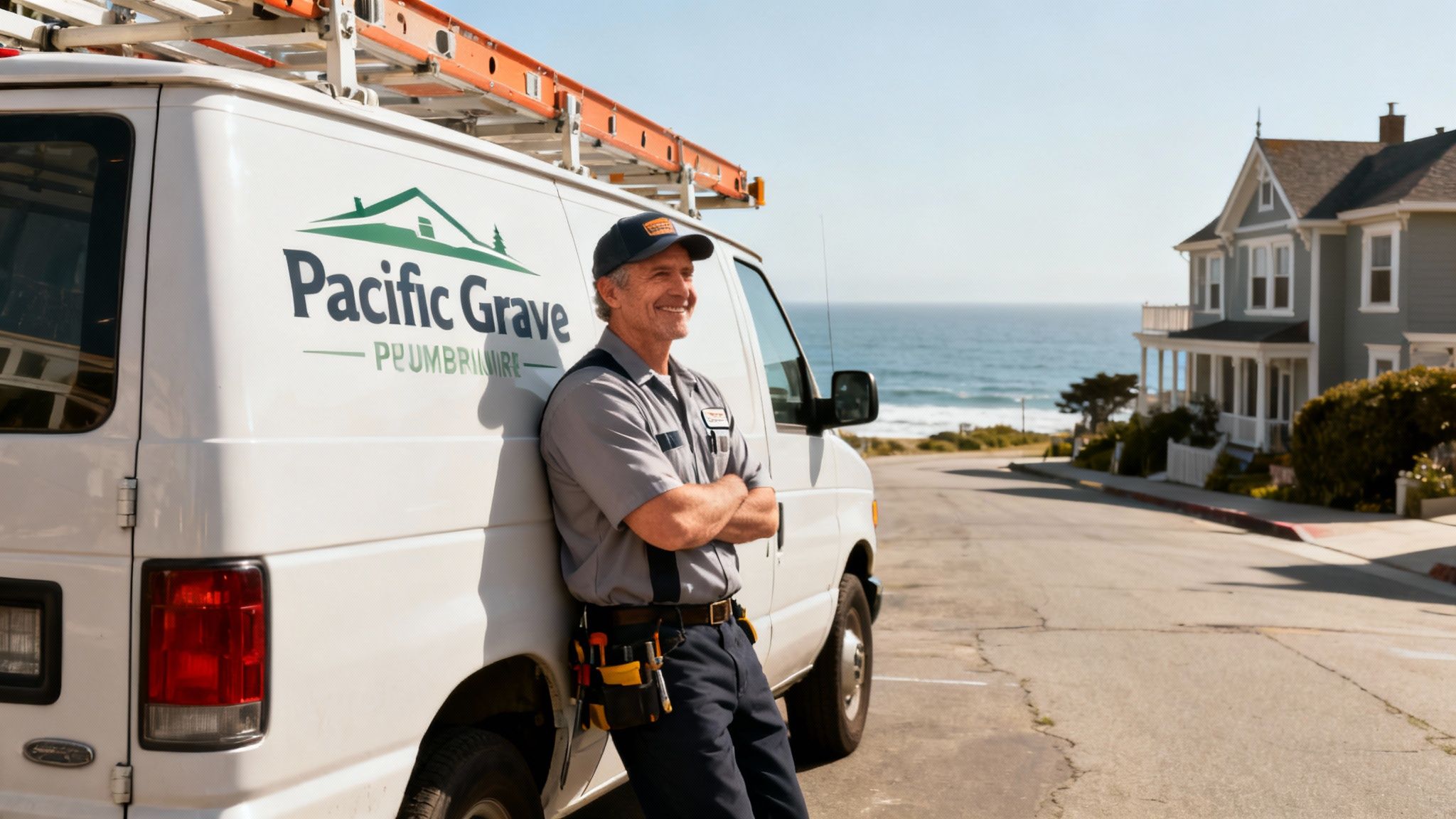 A happy male plumber in uniform and tool belt leaning on a Pacific Grove Plumbing van.