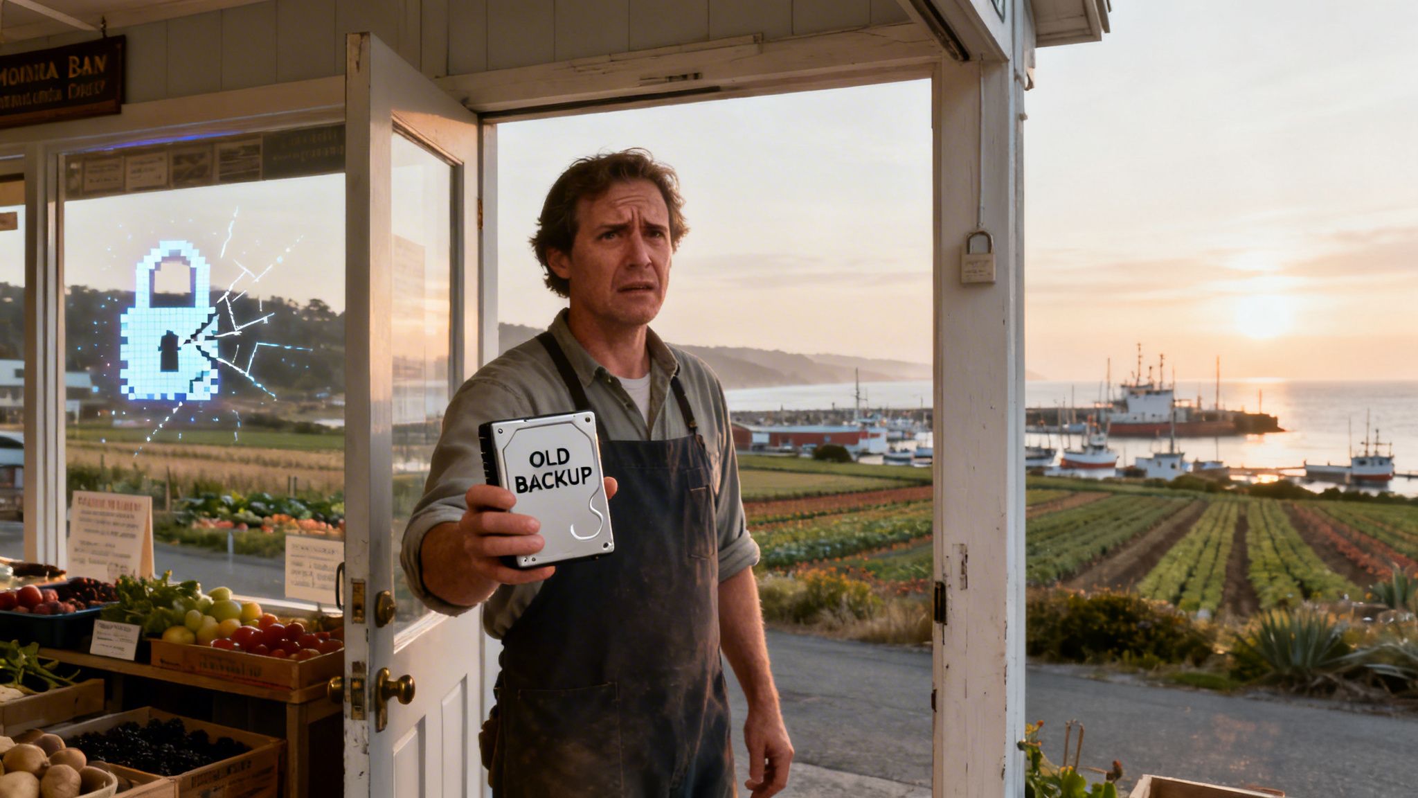 Concerned man holds 'OLD BACKUP' hard drive as broken digital lock appears on window.