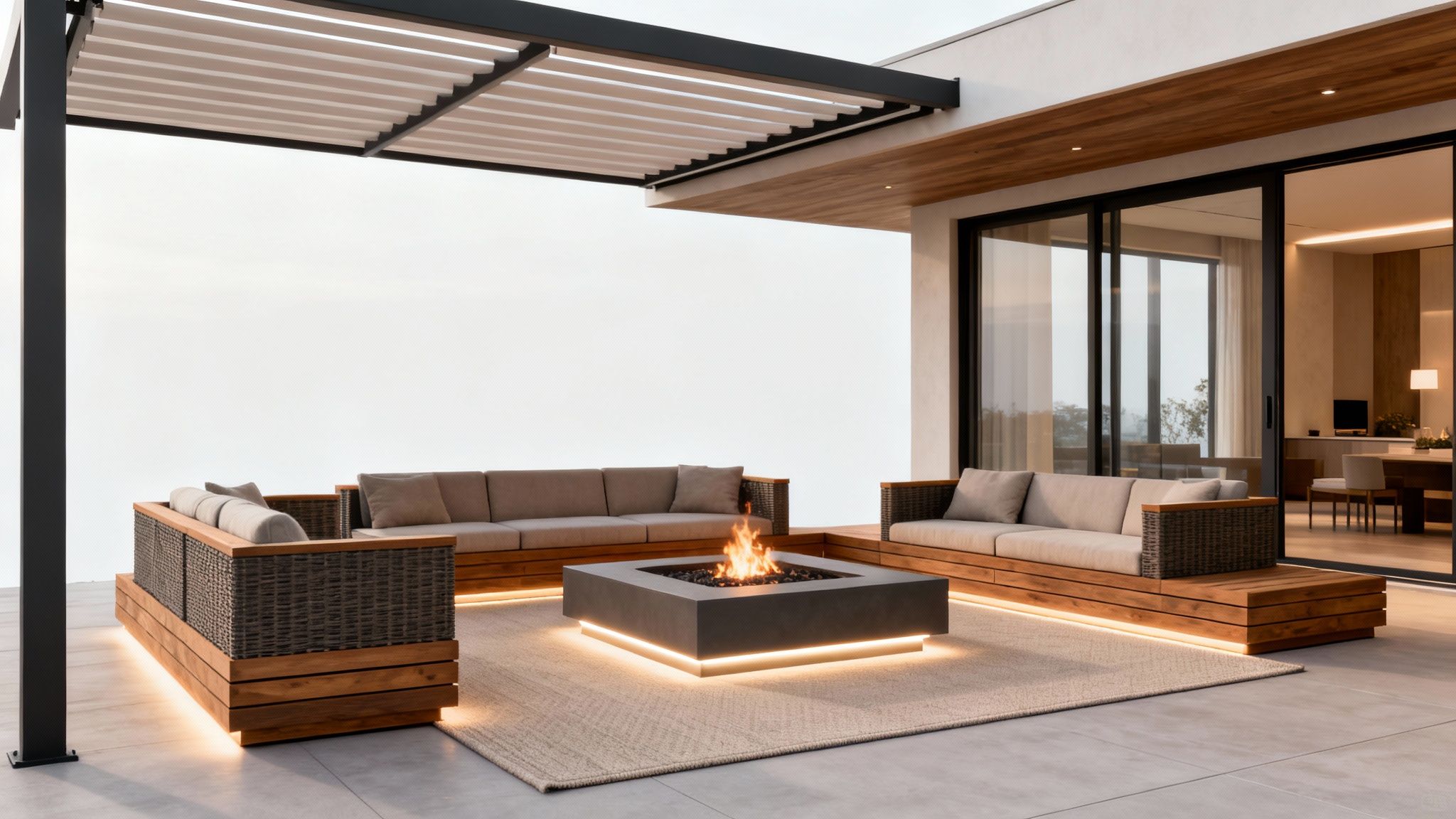 A modern outdoor patio features a pergola, illuminated lounge sofas, and a square fire pit, next to sliding glass doors.