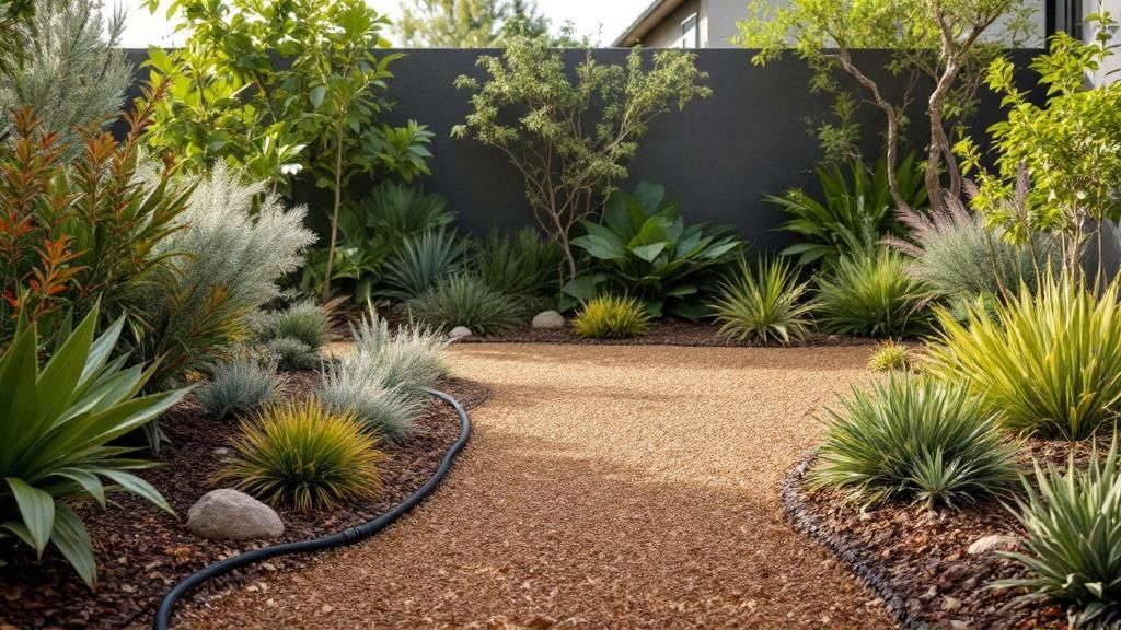 A beautiful xeriscaped front yard featuring drought-tolerant plants, rocks, and mulch.