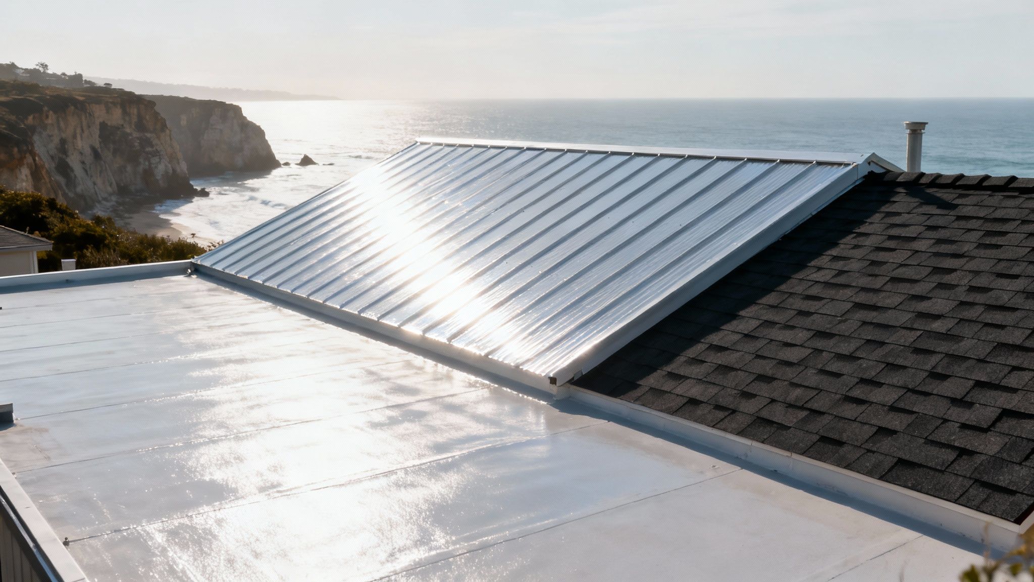 Three distinct roofing materials on a house overlooking a sunny ocean and rugged cliffs.