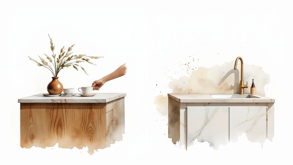 Watercolor illustration of two kitchen countertops: one with cups, another with a golden faucet and sink.