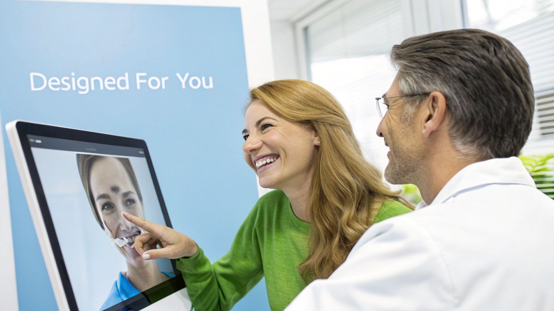 A smiling woman points at a digital screen showing a facial simulation, next to a man in a white lab coat.