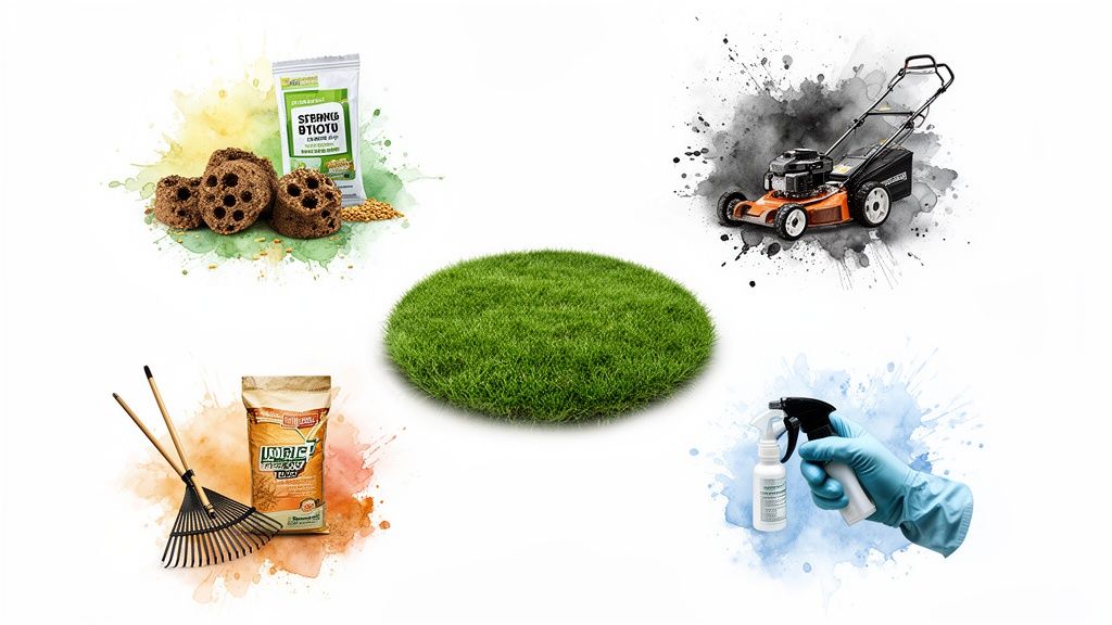 Various lawn care tools and products including a lawnmower, seeds, rakes, and a spray bottle surrounding a patch of green grass.