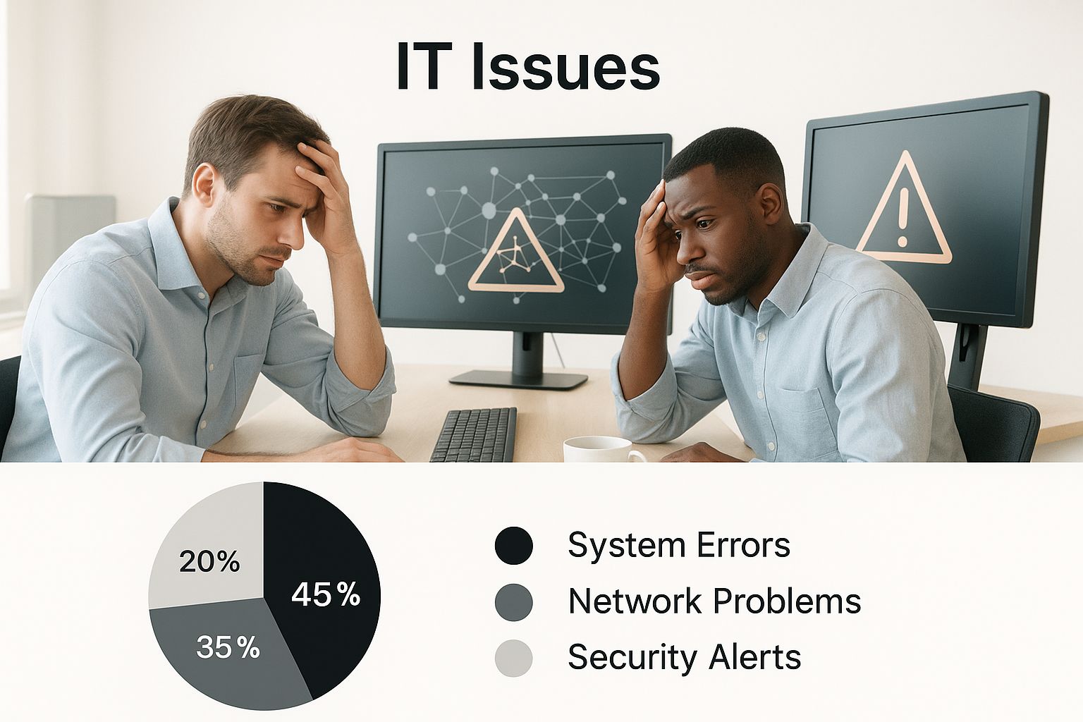 Infographic showing two overwhelmed IT professionals at a desk with multiple screens displaying warning alerts.