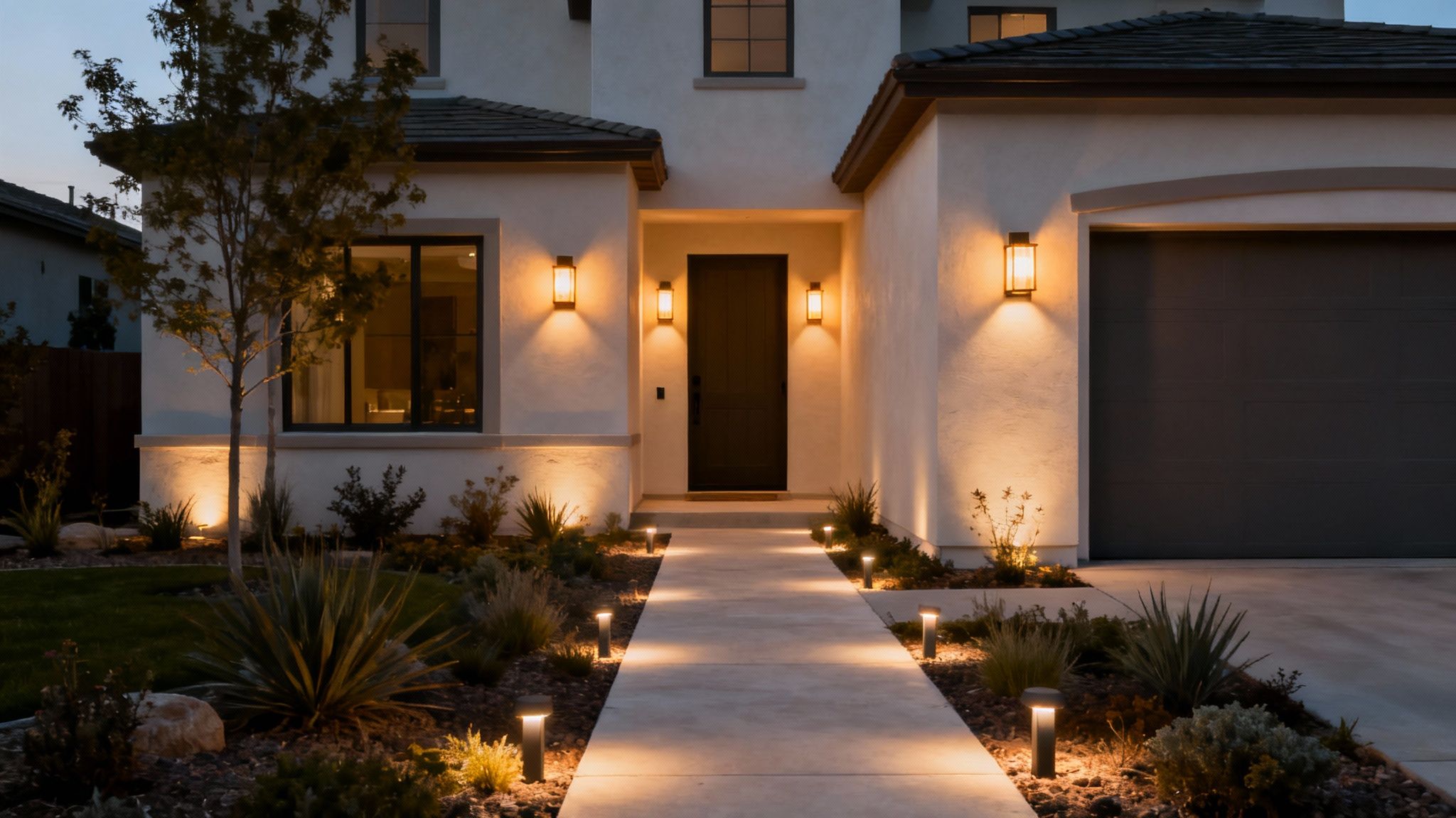 Modern vacation rental home exterior with warm pathway lighting and wall sconces at dusk