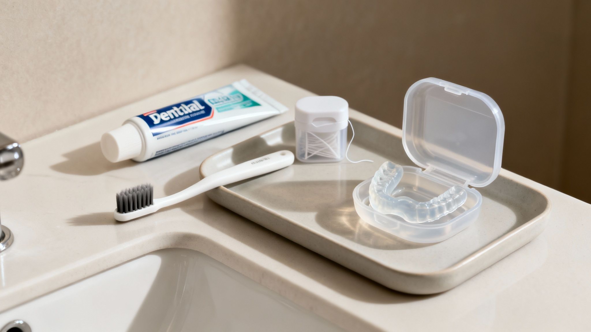 A neatly arranged tray of dental hygiene products including toothpaste, a toothbrush, floss, and an oral appliance.