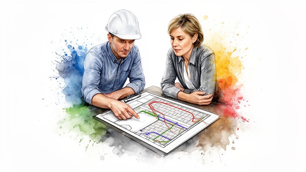 An engineer and a client review building blueprints with colorful watercolor splashes.