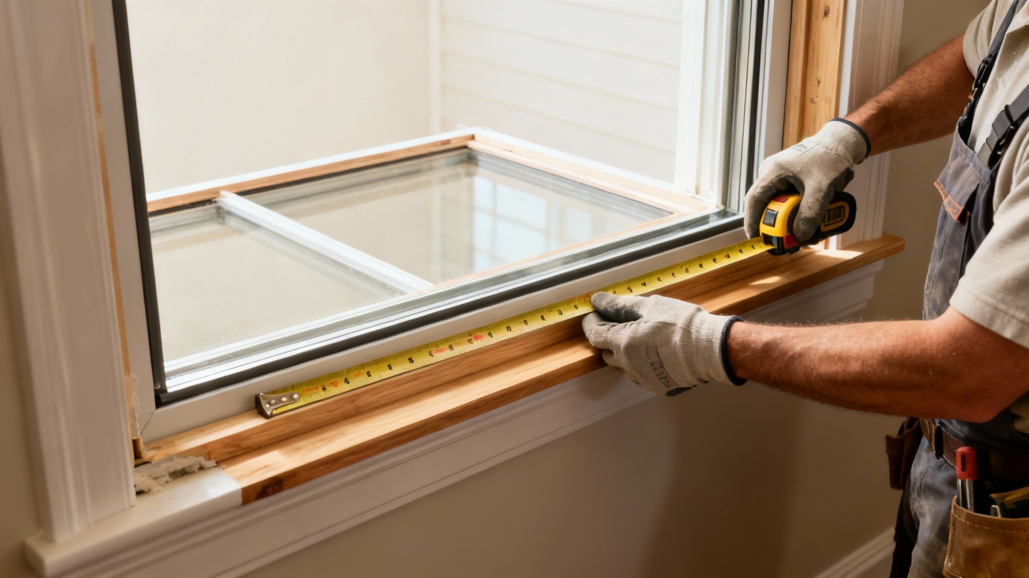 A person in work gloves precisely measures a window frame with a yellow tape measure during installation.