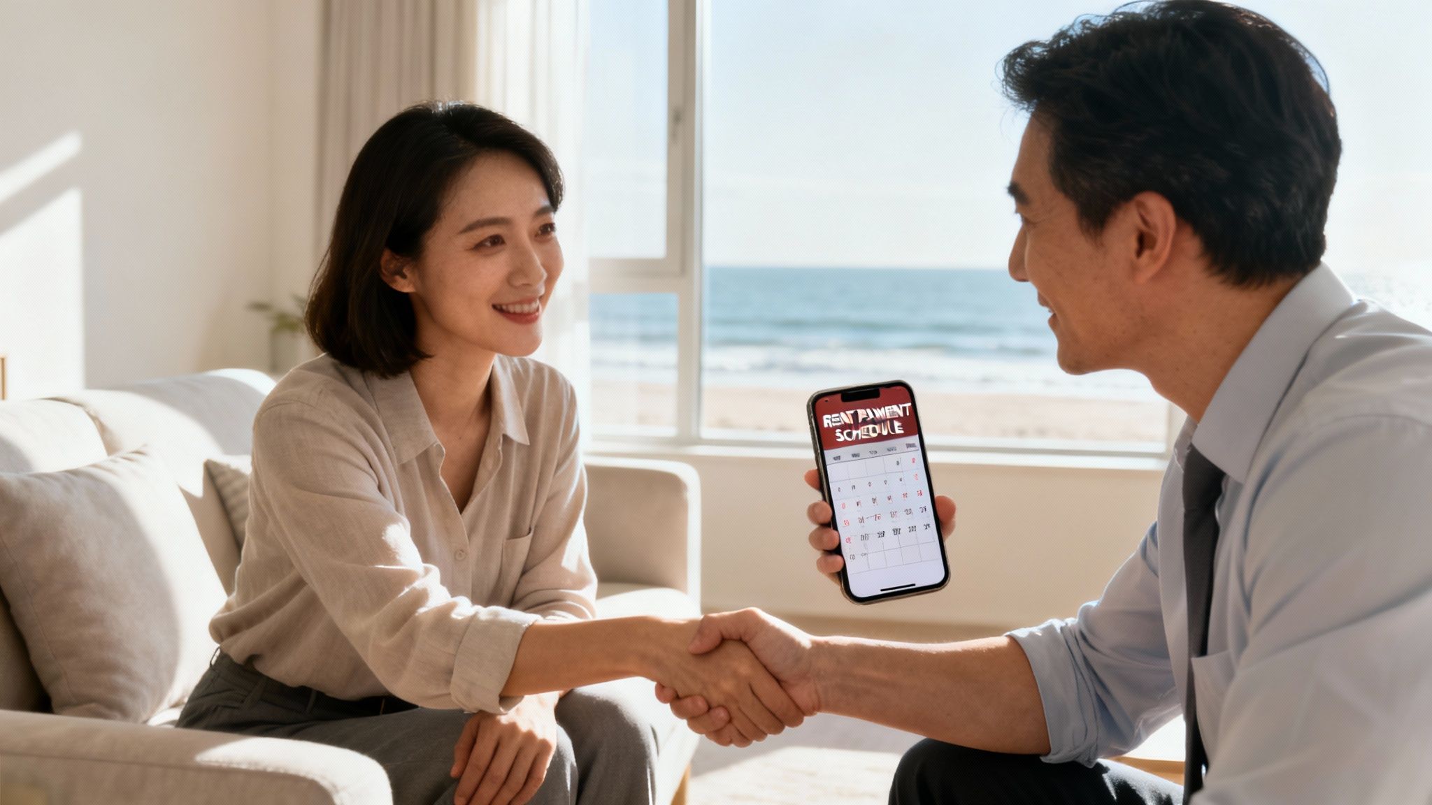 Two smiling people shake hands, viewing a rent payment schedule on a phone by a beach.