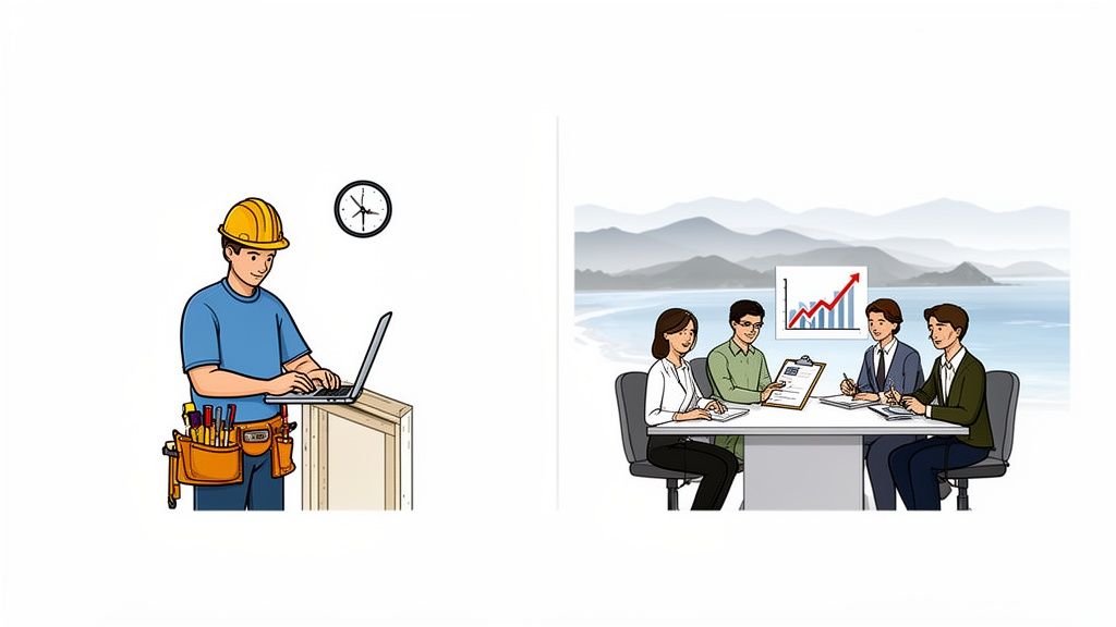 An illustration contrasting a construction worker using a laptop with a business team discussing growth.