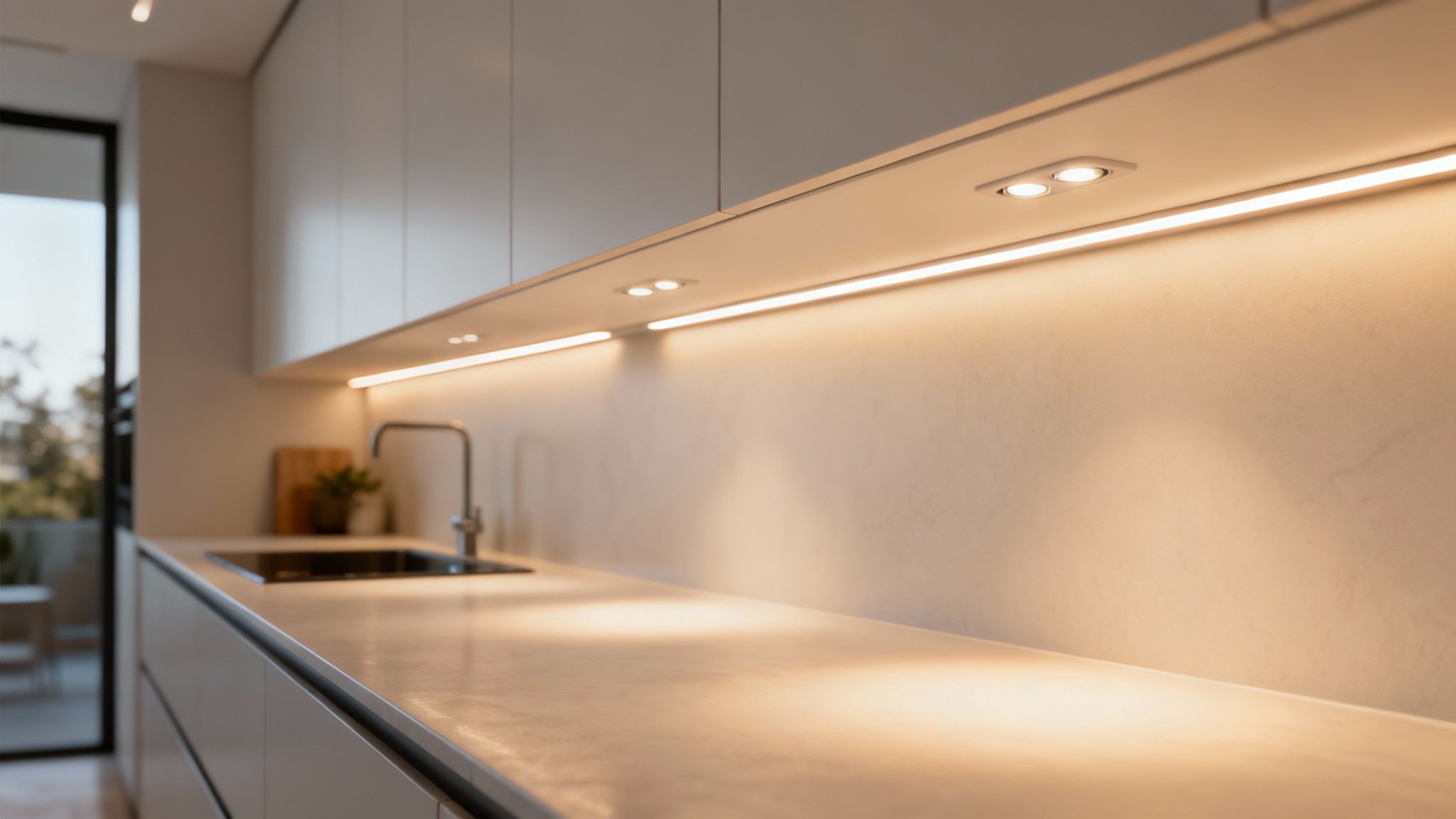 A modern kitchen with warm under-cabinet lighting illuminating a light-colored countertop and sink.