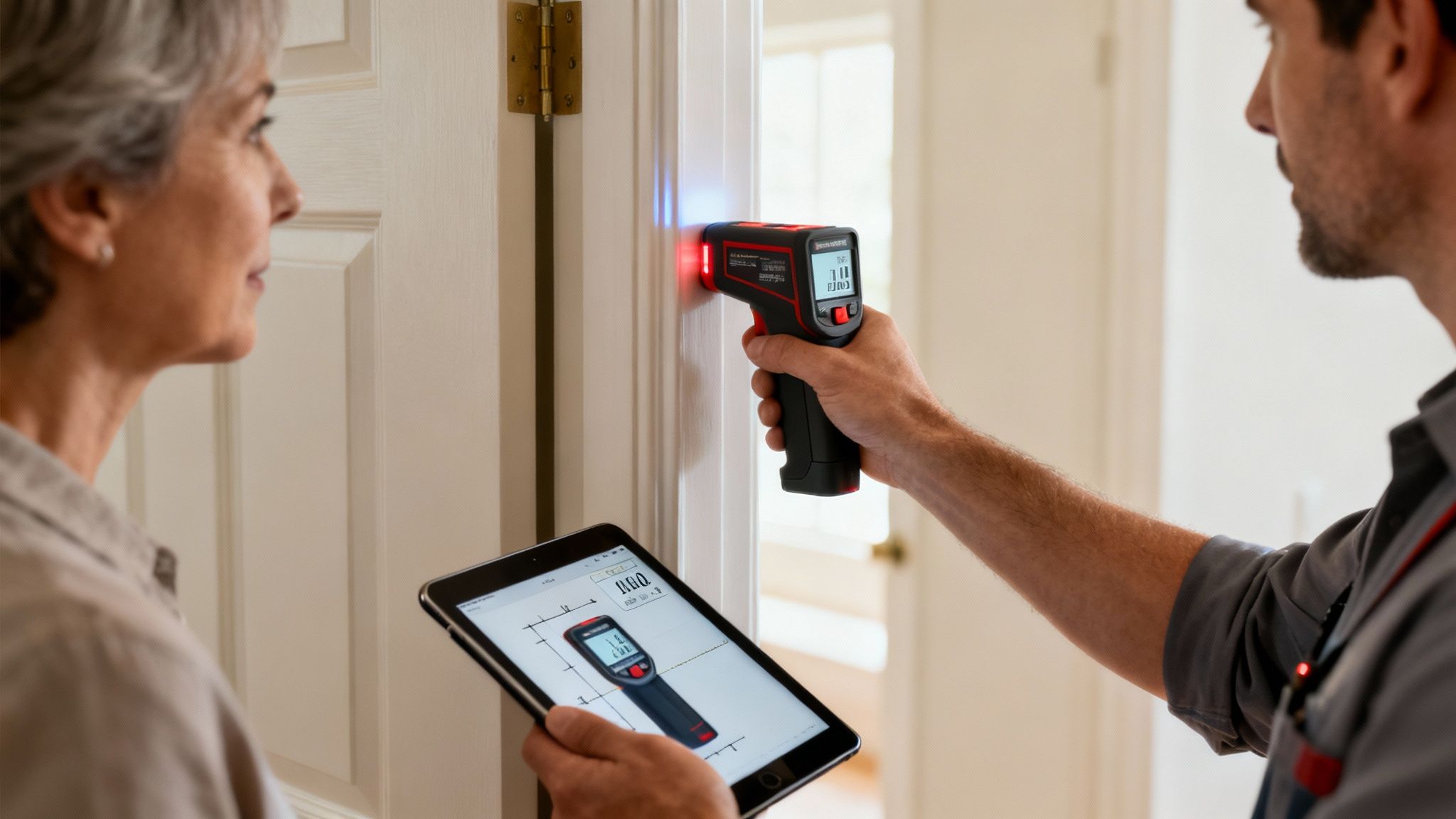 A technician uses a diagnostic tool on a door frame, displaying readings on a tablet to a homeowner.