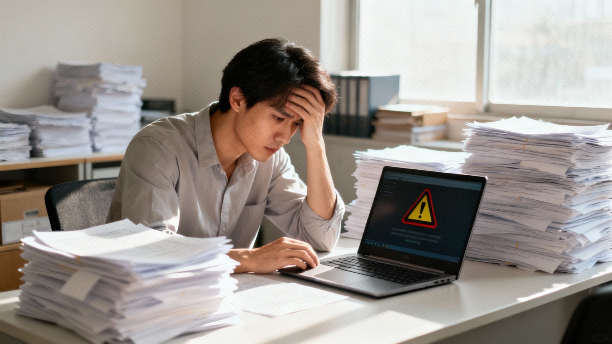 A small business owner sits at a desk, looking overwhelmed while reviewing complex cybersecurity data on a laptop.