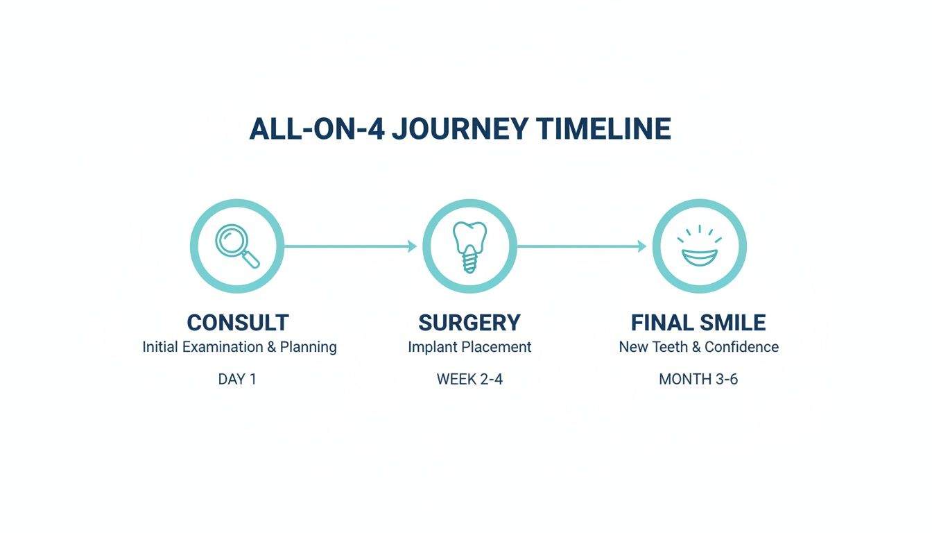 Beyond the Basics: What Scottsdale Patients Should Know Before Getting All-on-4 1 Timeline illustrating the All-on-4 dental implant journey, including Consult, Surgery, and Final Smile stages.