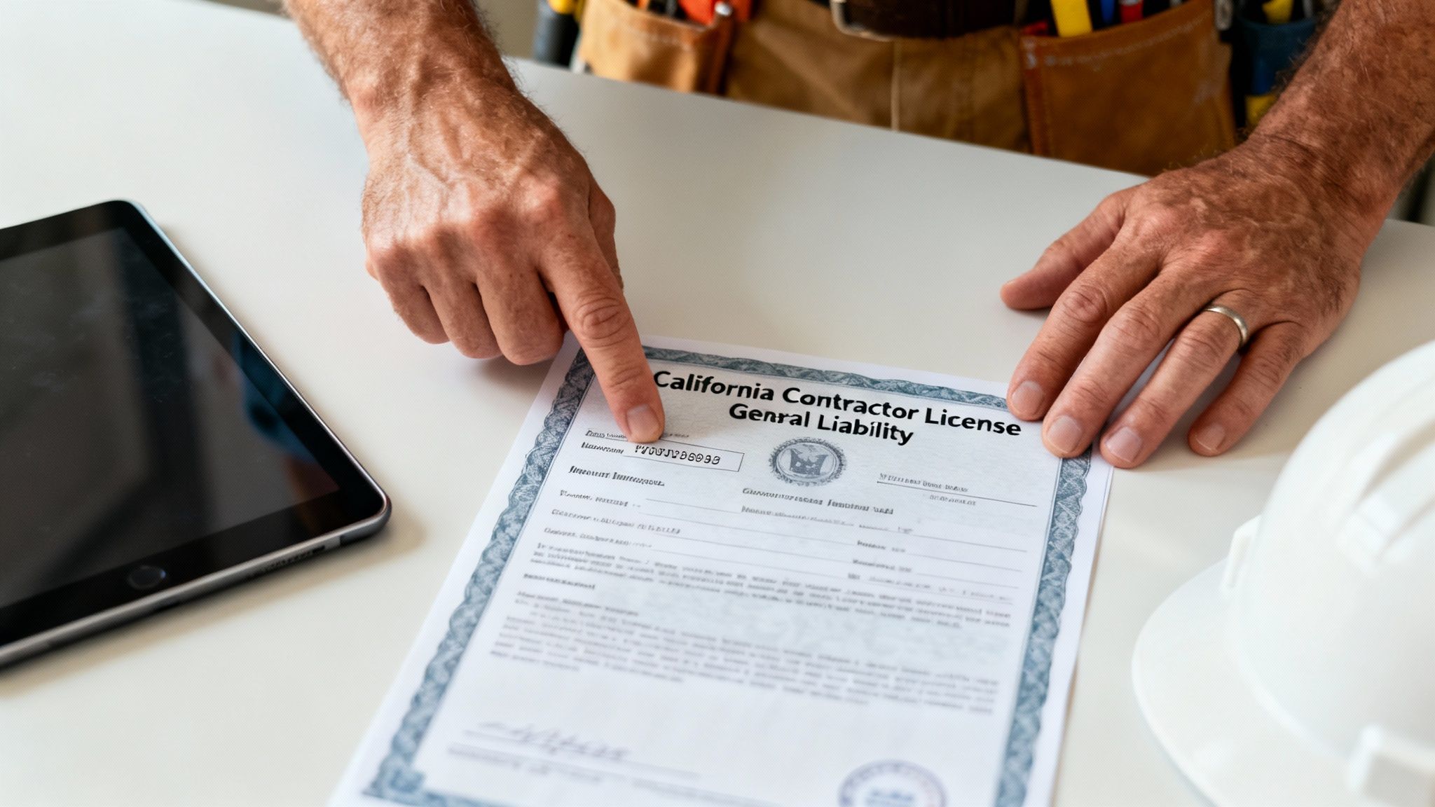 A contractor's hands pointing at a California Contractor License General Liability document, with a tablet and hard hat.