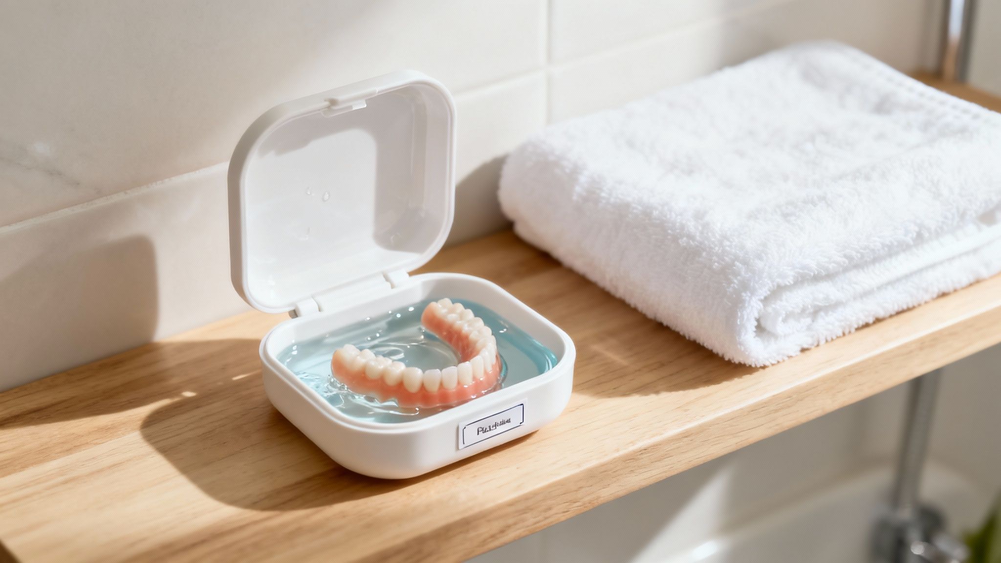 Partial dentures soaking in a special storage case with a cleaning tablet.