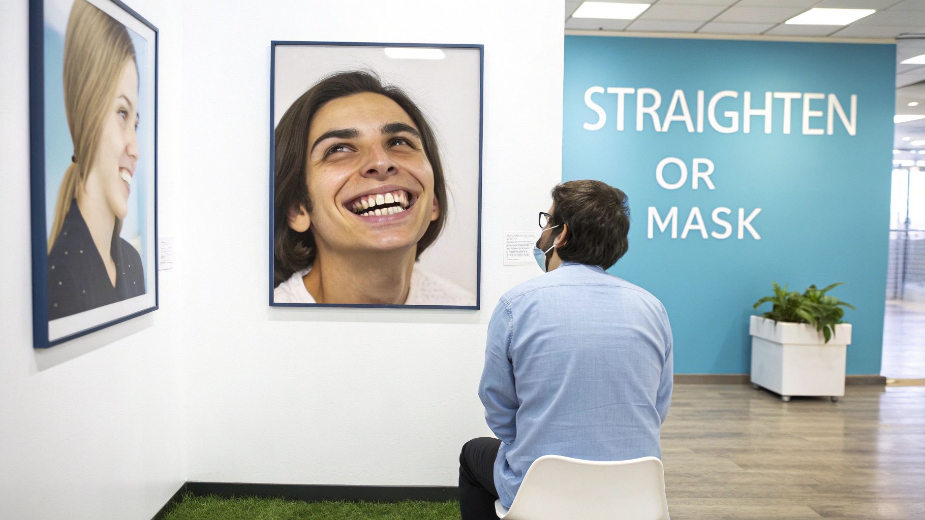 A masked man sits before smiling portraits and a 'STRAIGHTEN OR MASK' sign.