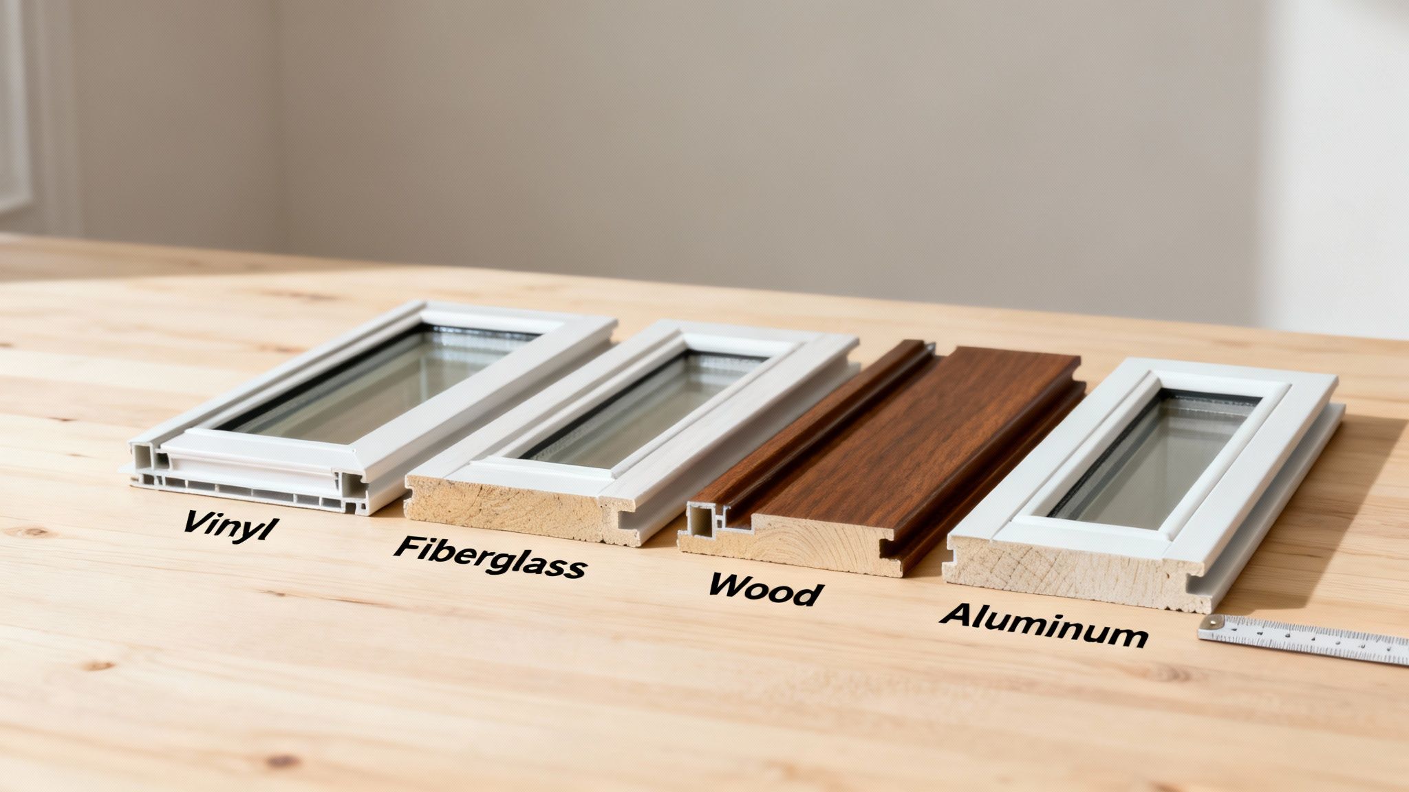Four window frame material samples: vinyl, fiberglass, wood, and aluminum, displayed on a table.