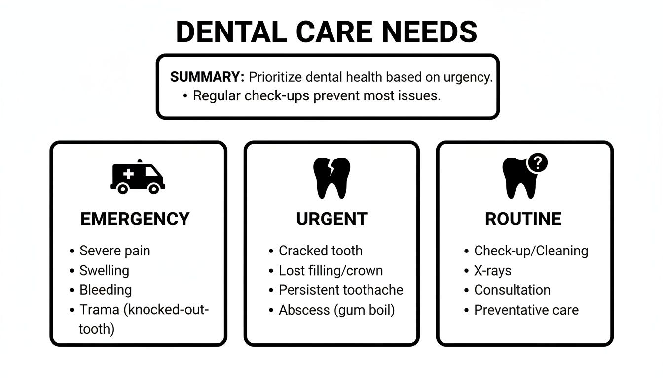 Infographic categorizing dental care needs into emergency, urgent, and routine, listing specific issues for each.