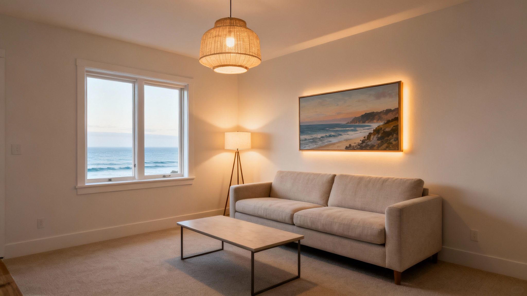 Modern coastal living room with warm ambient lighting from pendant lamp and backlit artwork